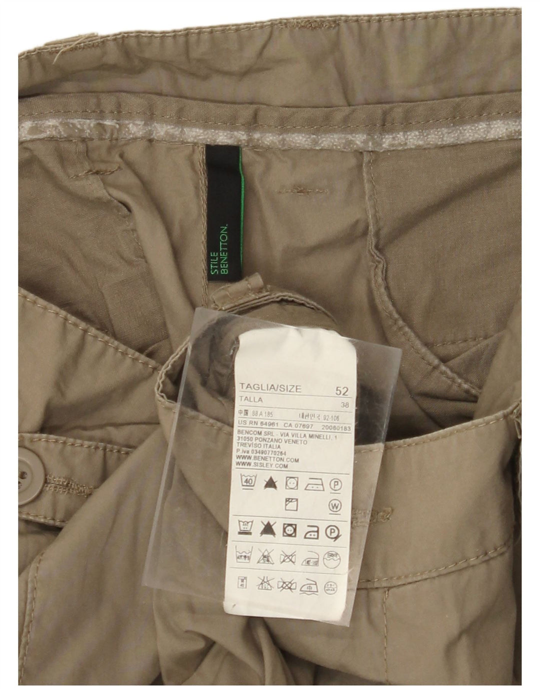 BENETTON Ανδρικό ίσιο παντελόνι Cargo IT 52 XL W38 L34 Χακί Βαμβακερό