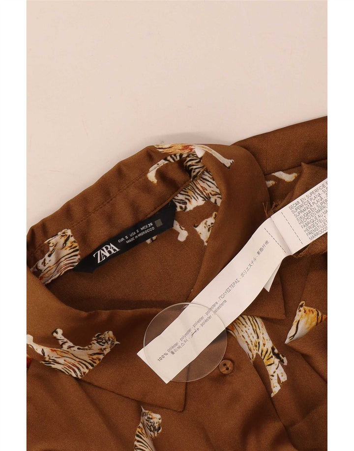 Zara γυναικείο πουκάμισο oversized μπλούζα UK 10 Small Beige Animal Print Polyester