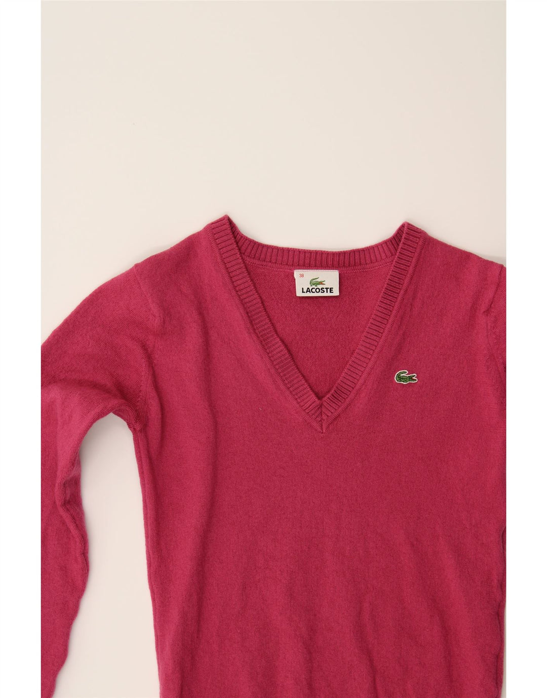 LACOSTE Womens Crop V-Neck Jumper Sweater Size 38 Medium Pink Vintage Lacoste and Second-Hand Lacoste from Messina Hembry 