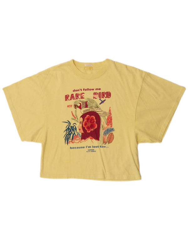 Mother Γυναικείο Crop γραφικό T-shirt Top UK 10 Small κίτρινο βαμβακερό