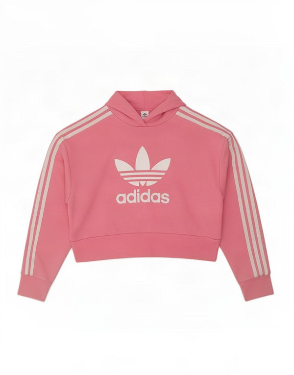 Adidas Girls Crop Graphic Hoodie Jumper 10-11 Years Pink Cotton
