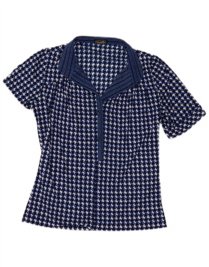 Vintage γυναικεία μπλούζα τοπ UK 10 Small Navy Blue Houndstooth
