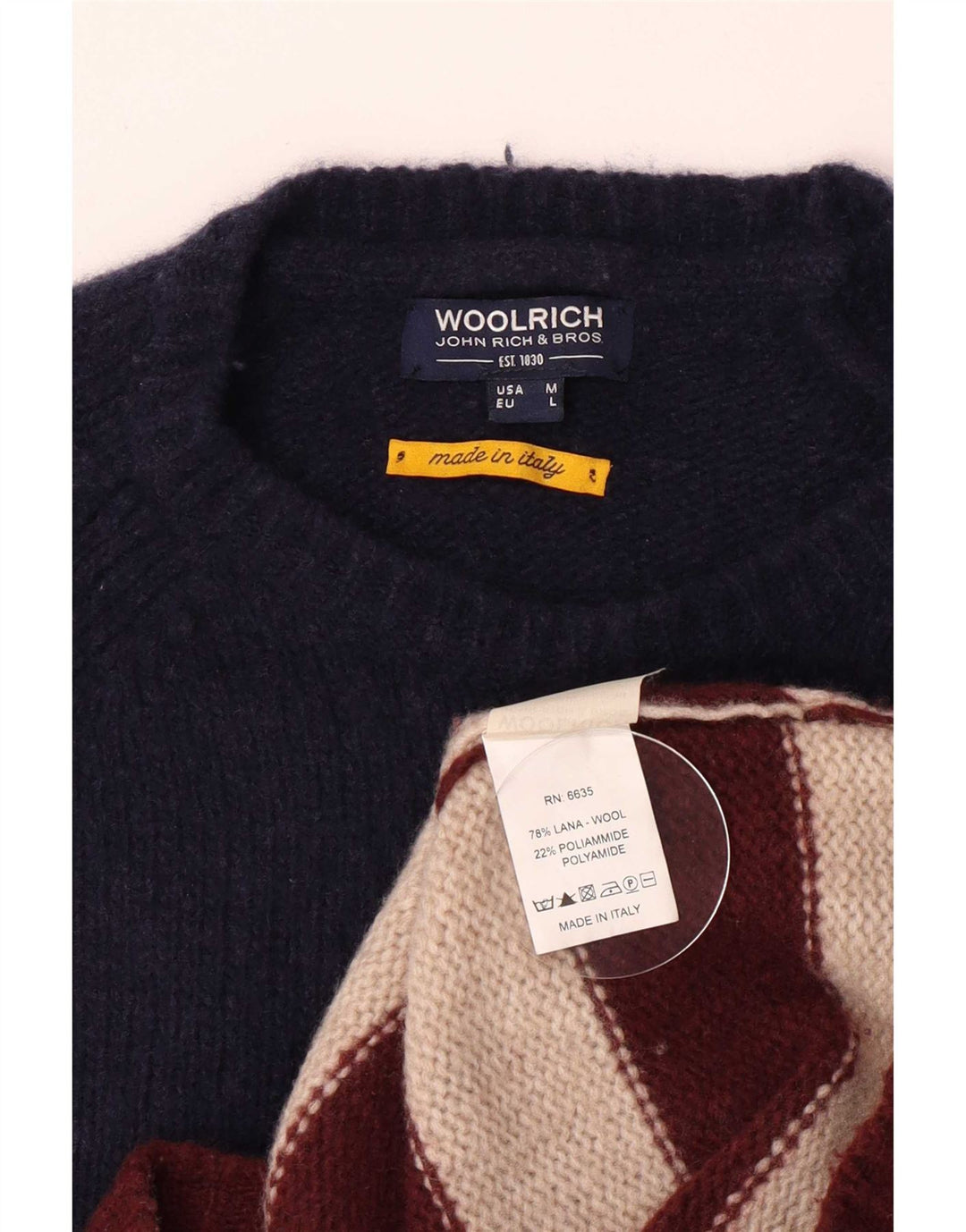 Woolrich Ανδρικό πουλόβερ με λαιμόκοψη μεσαίου μπλε ριγέ μαλλί