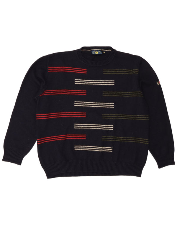 Navigare Mens Crew Neck Jumper Sweater 2XL Navy Blue Striped Merino Wool