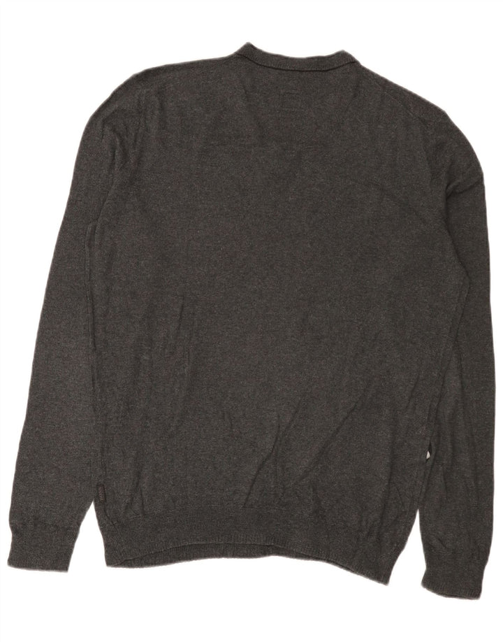 Ανδρικό πουλόβερ Hugo Boss Slim Fit με V λαιμόκοψη, μεσαίο βαμβακερό γκρι