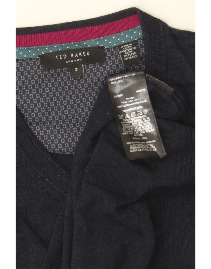 TED BAKER Ανδρικό πουλόβερ με λαιμόκοψη με λαιμόκοψη μεγέθους 3 Μεσαίο μπλε ναυτικό μαλλί Merino