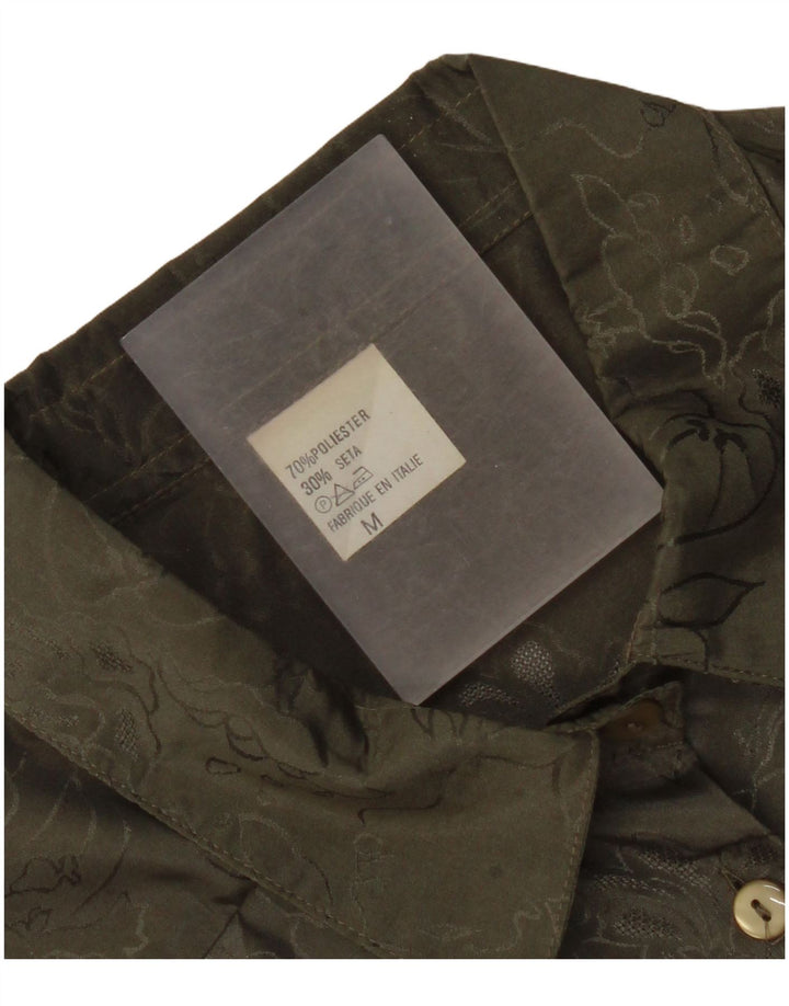 Vintage γυναικείο πουκάμισο μπλούζα UK 14 Medium Khaki Floral Polyester
