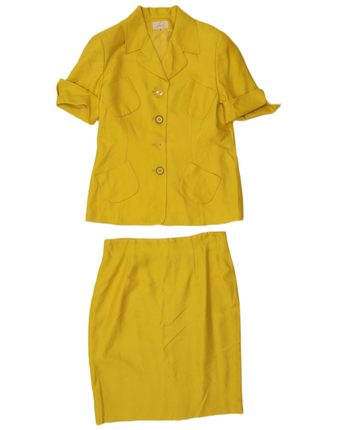 Vintage γυναικεία 4 κουμπιά 2 τεμάχια σετ φούστα IT 46 Μεγάλο W32 Κίτρινο Μεταξωτό