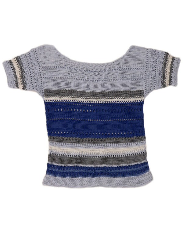 Vintage γυναικεία βελονάκι μπλούζα τοπ UK 10 Small Blue ριγέ