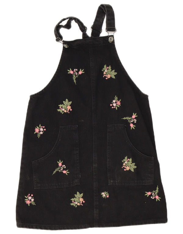 Zara Girls Denim Dungaree Φόρεμα 13-14 ετών Μαύρο φλοράλ βαμβακερό