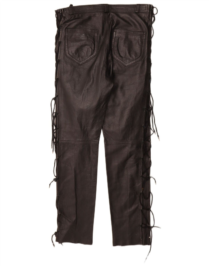 VINTAGE Γυναικείο ίσιο δερμάτινο παντελόνι IT 40 Small W28 L28 Μαύρο Δερμάτινο