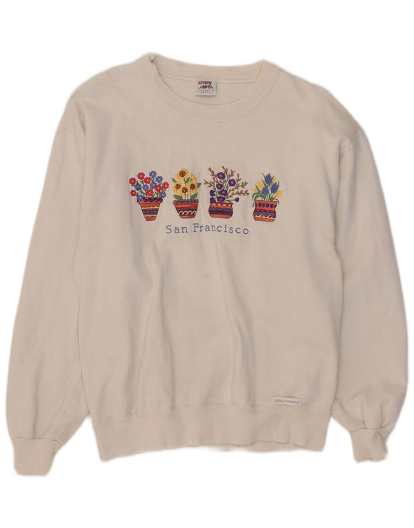 Vintage γυναικεία υπερμεγέθη φούτερ Jumper UK 10 Small White Floral Βαμβακερό