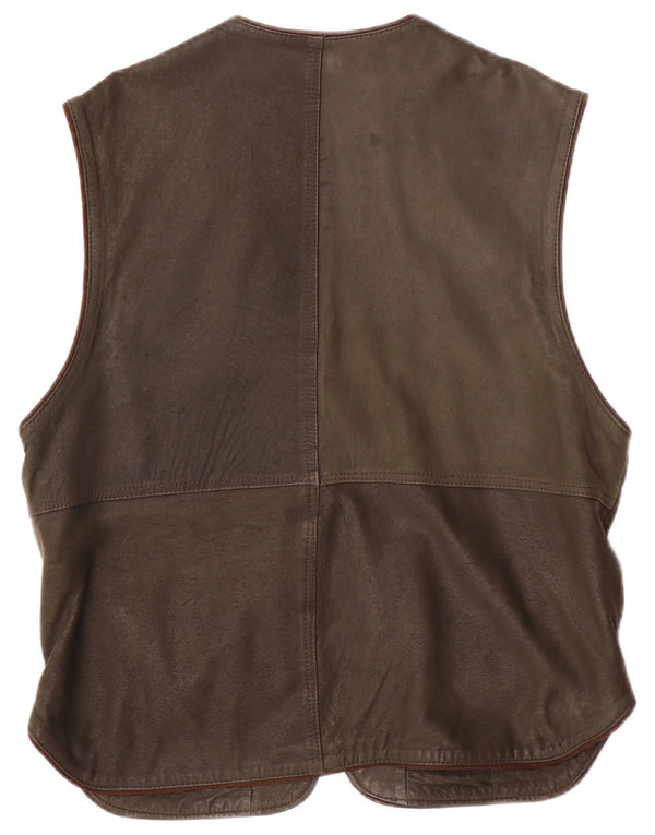 Vintage Mens Leather Utility Gilet IT 54 2XL Khaki