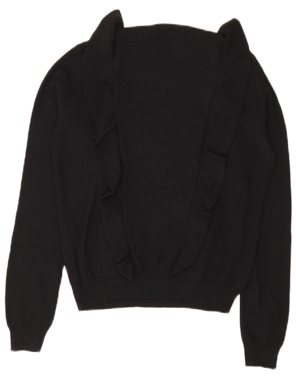 Zara Γυναικείο πουλόβερ με βολάν μπροστά Crew λαιμόκοψη UK 12 Medium Black