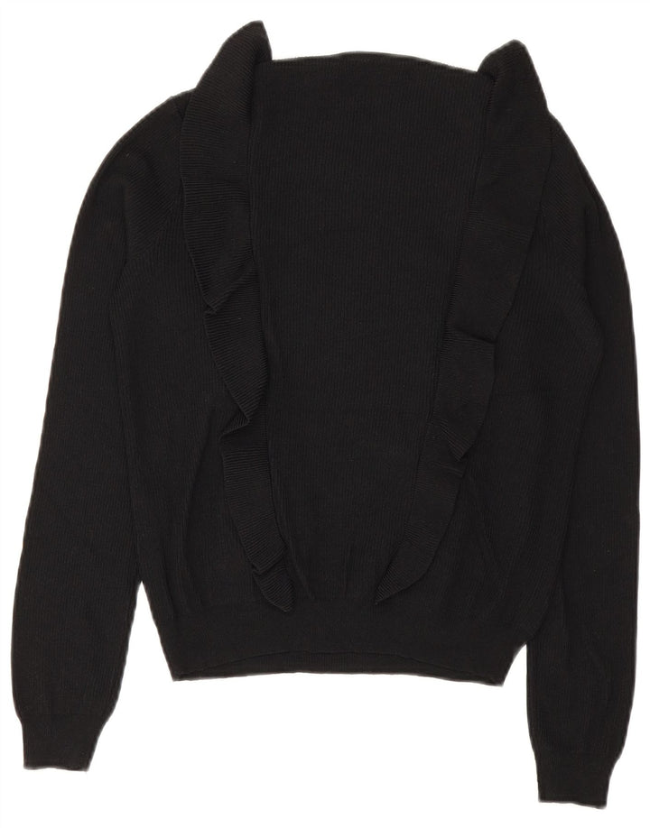 Zara Γυναικείο πουλόβερ με βολάν μπροστά Crew λαιμόκοψη UK 12 Medium Black
