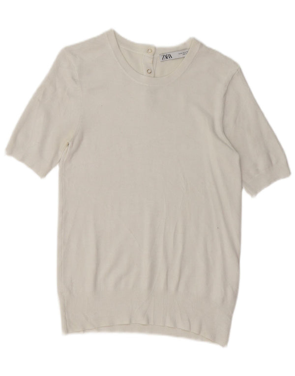 Zara Γυναικείο κοντομάνικο πουλόβερ με λαιμόκοψη UK 12 Medium White