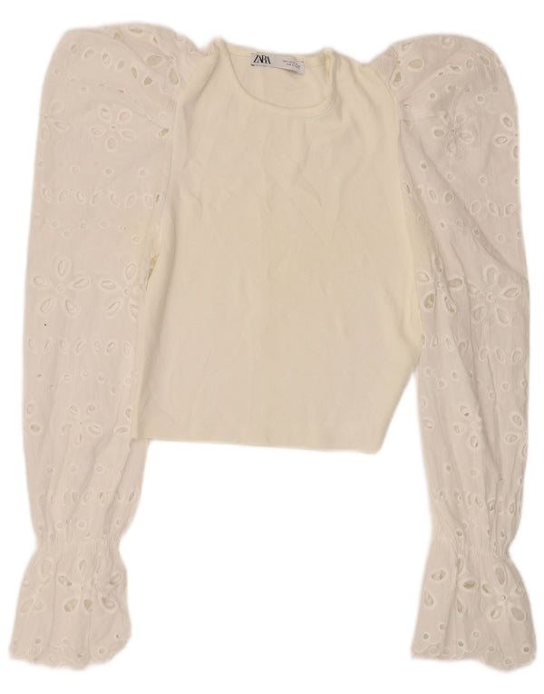 Zara Γυναικείο Crop Top μακρυμάνικο UK 8 Small White Floral