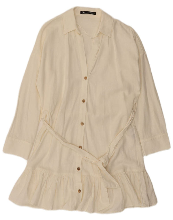 Zara Womens Long Sleeve Shirt Dress UK 6 XS White Linen