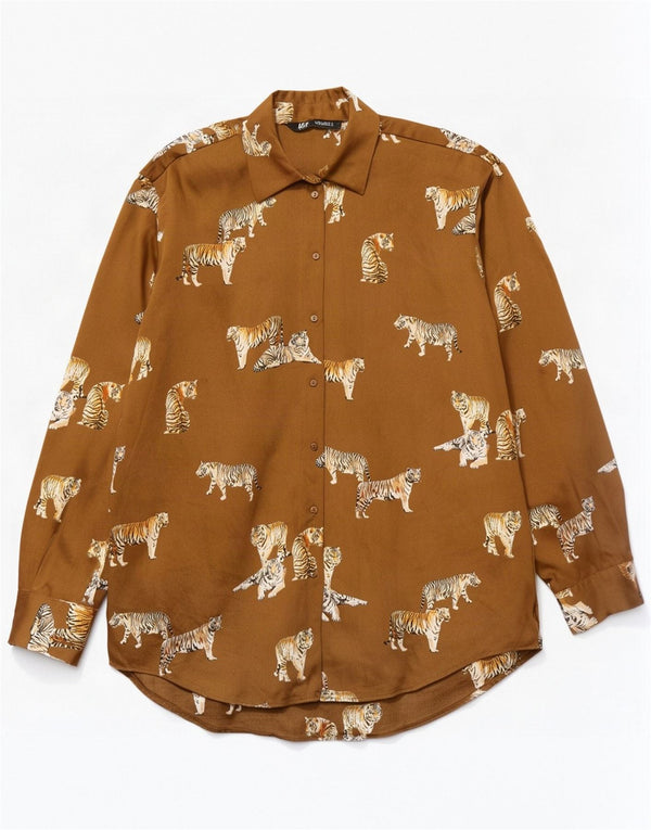 Zara γυναικείο πουκάμισο oversized μπλούζα UK 10 Small Beige Animal Print Polyester