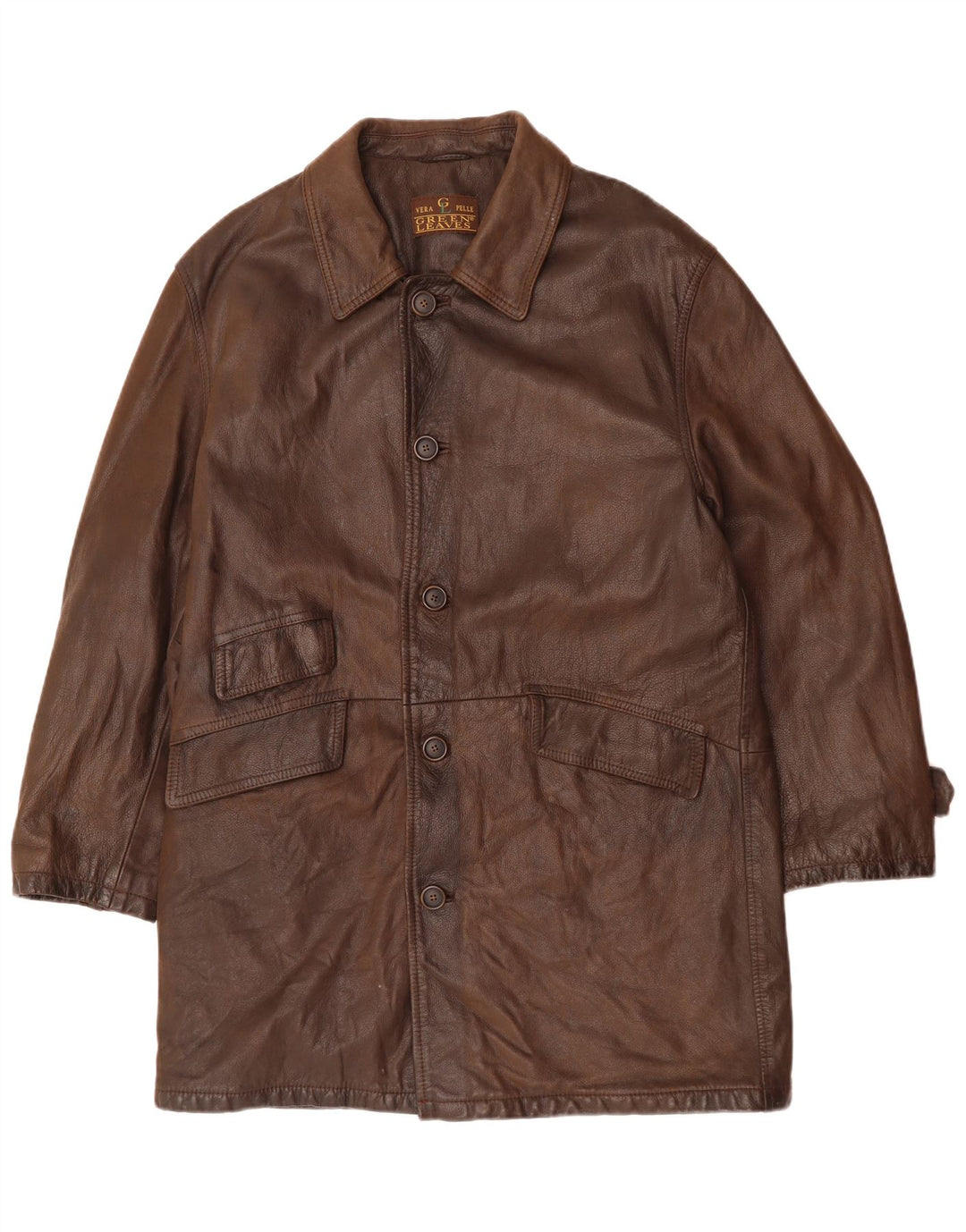 Green Leaves Ανδρικό Δερμάτινο Παλτό UK 40 Large Brown Δέρμα