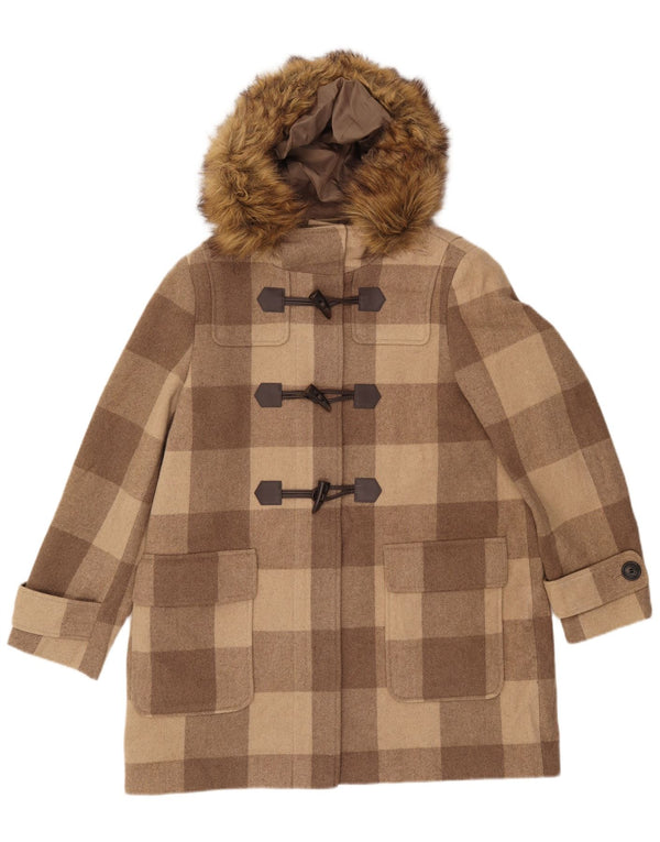 MARKS & SPENCER Γυναικείο παλτό Duffle με κουκούλα UK 16 Large Brown Check