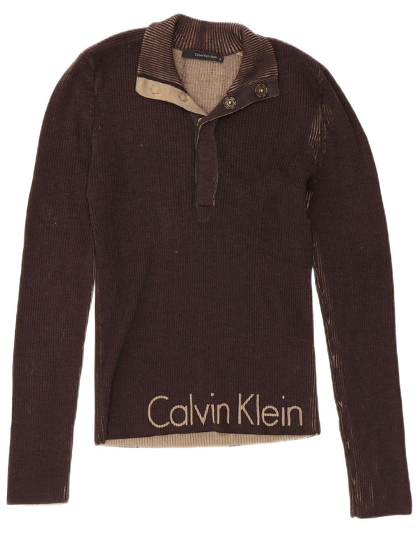 CALVIN KLEIN JEANS Γυναικείο πουλόβερ με λαιμό κουμπιά UK 10 Small Brown