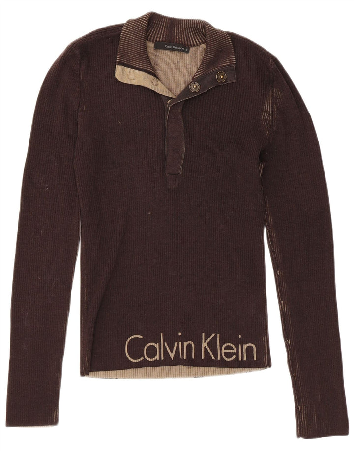 CALVIN KLEIN JEANS Γυναικείο πουλόβερ με λαιμό κουμπιά UK 10 Small Brown