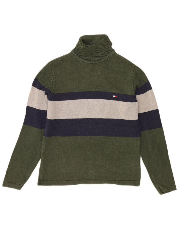 Tommy Hilfiger Mens Roll Neck Jumper Sweater Small Green Colourblock Cotton