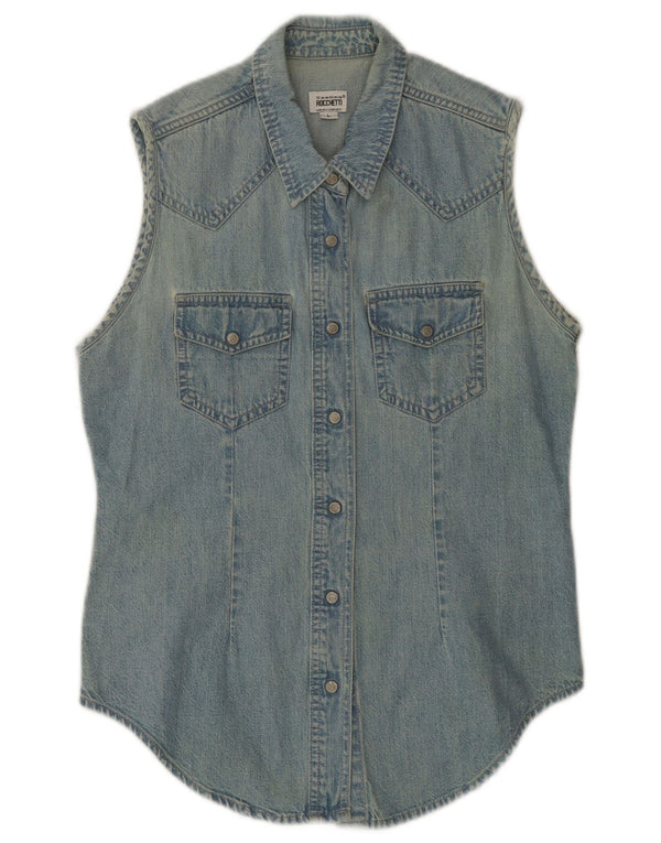 Vintage γυναικείο αμάνικο τζιν πουκάμισο UK 14 μεγάλο μπλε βαμβακερό