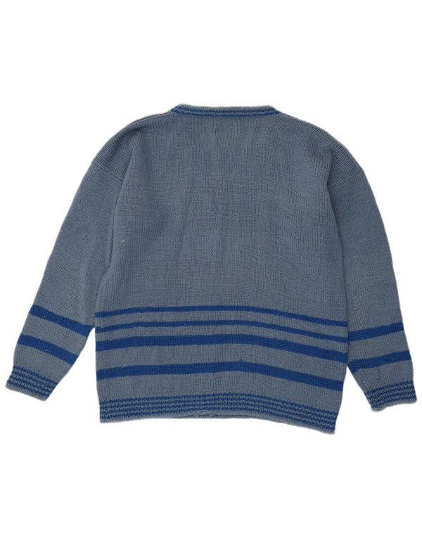 VINTAGE Mens V-Neck Jumper Sweater Large Blue Striped