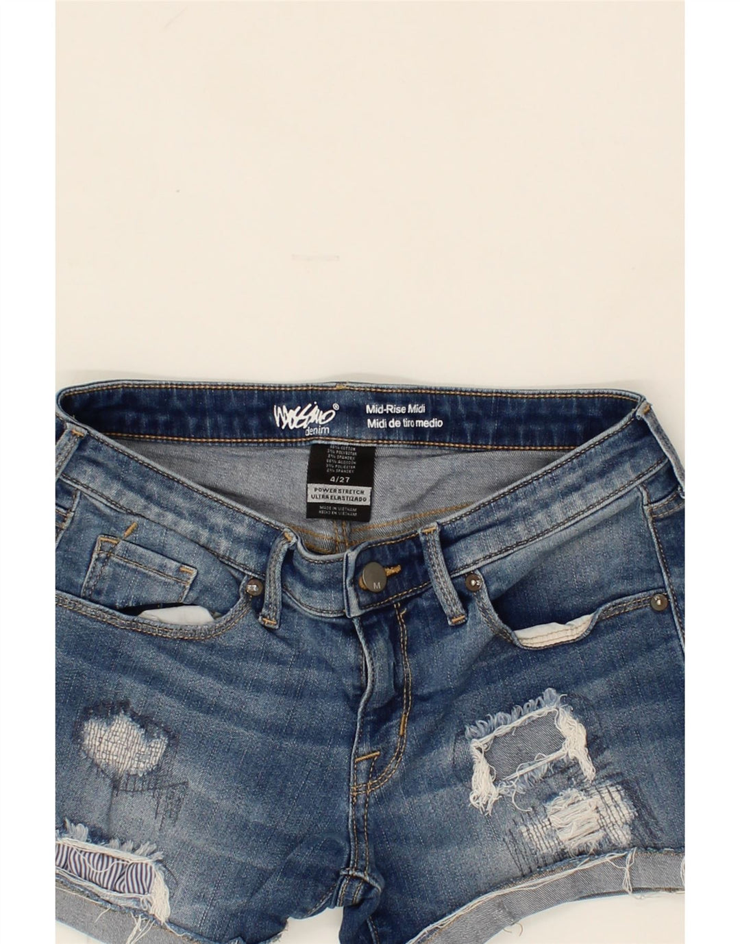 MOSSIMO Womens Distressed Mid Rise Denim Shorts US 4 Small W27 Blue Cotton Vintage Mossimo and Second-Hand Mossimo from Messina Hembry 