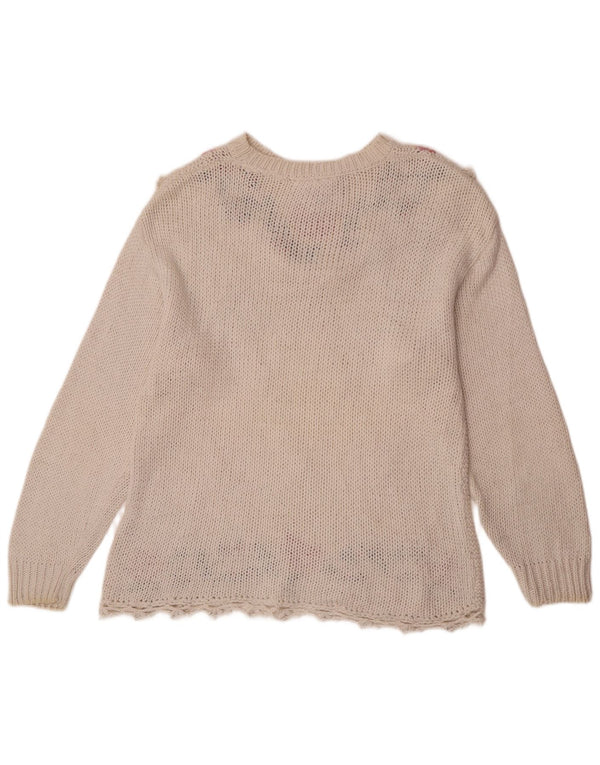 Vintage Womens Crew Neck Jumper πουλόβερ UK 14 Medium White Floral Ramie