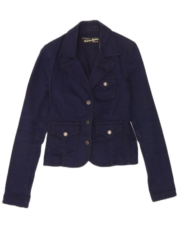 Guess Womens 3 Button Blazer Jacket UK 10 Small Navy Blue Cotton