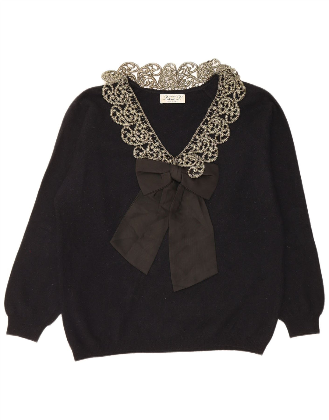 LETIZIA L. Γυναικείο πουλόβερ με λαιμόκοψη UK 16 μεγάλο μαύρο Paisley Wool