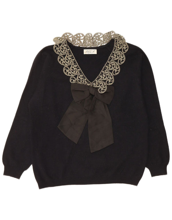 LETIZIA L. Γυναικείο πουλόβερ με λαιμόκοψη UK 16 μεγάλο μαύρο Paisley Wool