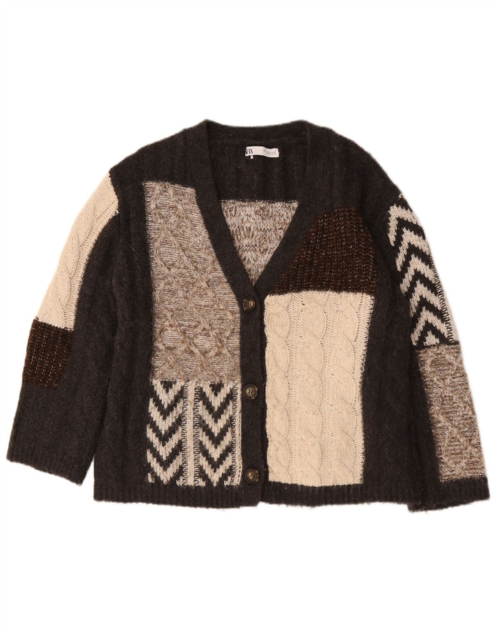 Zara Γυναικείο πουλόβερ με ζακέτα UK 10 Small Brown Patchwork