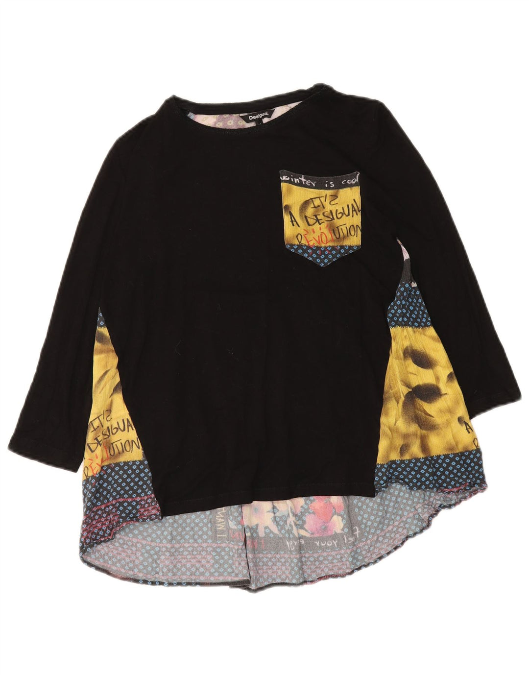 DESIGUAL Γυναικείο γραφικό τοπ μακρυμάνικο UK 12 Medium Black Patchwork