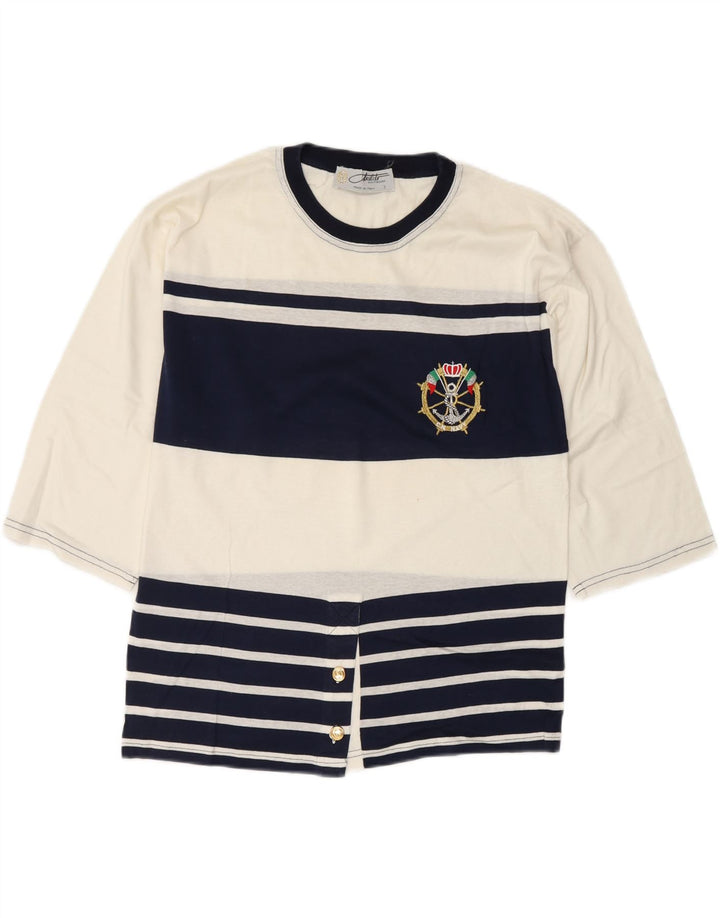 VINTAGE Womens Top 3/4 Sleeve UK 14 Medium White Striped Cotton