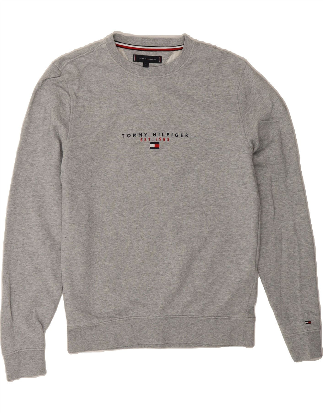 TOMMY HILFIGER Mens Graphic Sweatshirt Jumper Small Grey Cotton Vintage Tommy Hilfiger and Second-Hand Tommy Hilfiger from Messina Hembry 