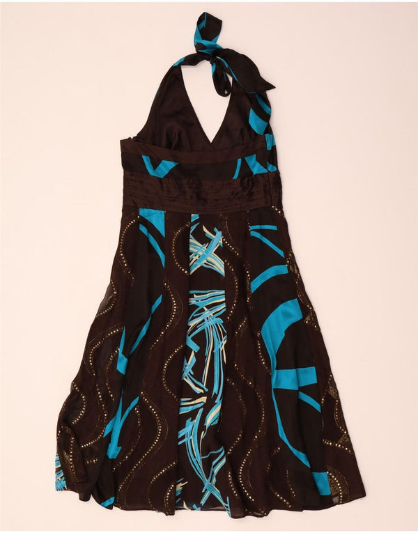 Monsoon Womens Abstract Pattern Halter Dress UK 12 Medium Brown Silk