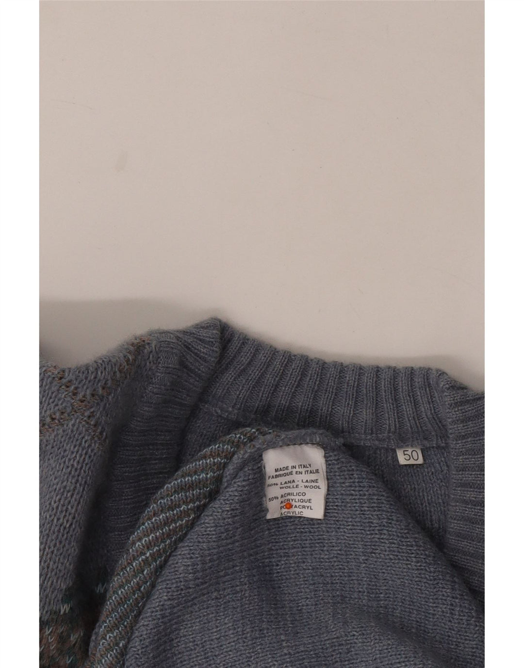 Ανδρικό πουλόβερ με λαιμόκοψη Vintage IT 50 μεσαίο μπλε Argyle/Diamond Wool