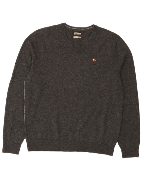 Napapijri Mens V-Neck Jumper Sweater Large Grey Merino Wool