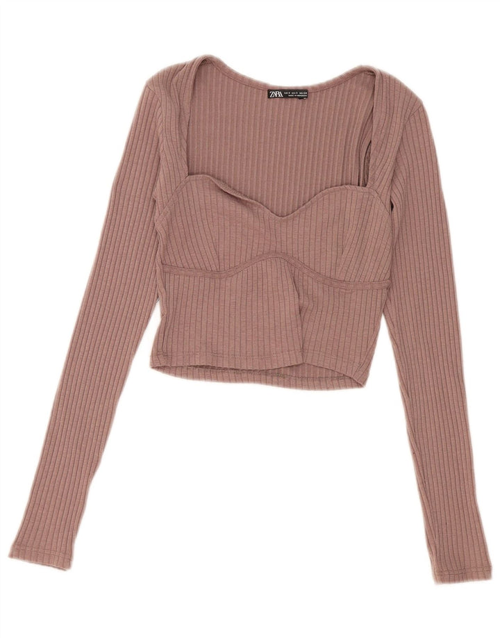 Zara Γυναικείο Crop Top Μακρύ μανίκι UK 8 Small Pink Polyester