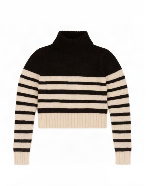 Zara Womens Crop Roll Neck Jumper Sweater UK 16 Large Black Striped Acrylic