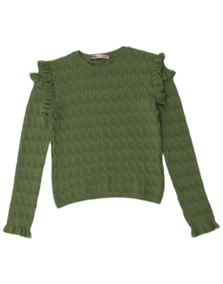 ZARA Womens Crop Boat Neck Jumper Sweater UK 12 Medium Green Polyester
