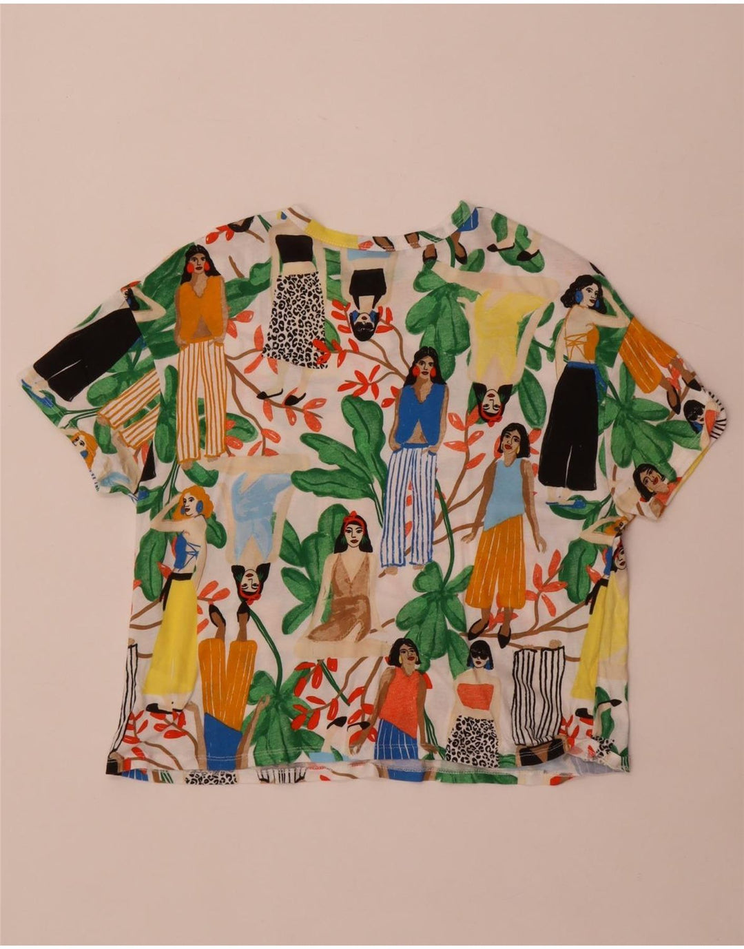 Γυναικείο γραφικό μπλουζάκι Zara Crop Top UK 14 μεσαίο πολύχρωμο βαμβακερό