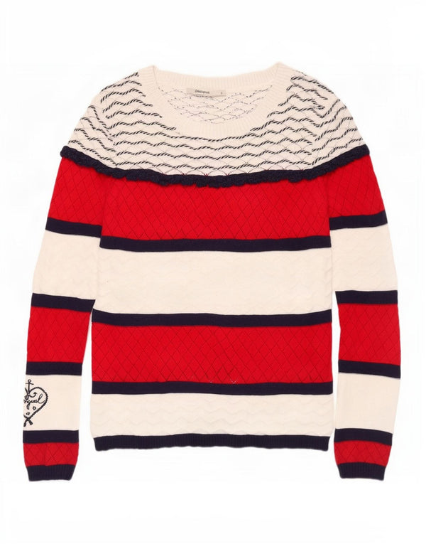 Desigual γυναικείο πουλόβερ με λαιμόκαυστο UK 10 Small White ριγέ βαμβακερό