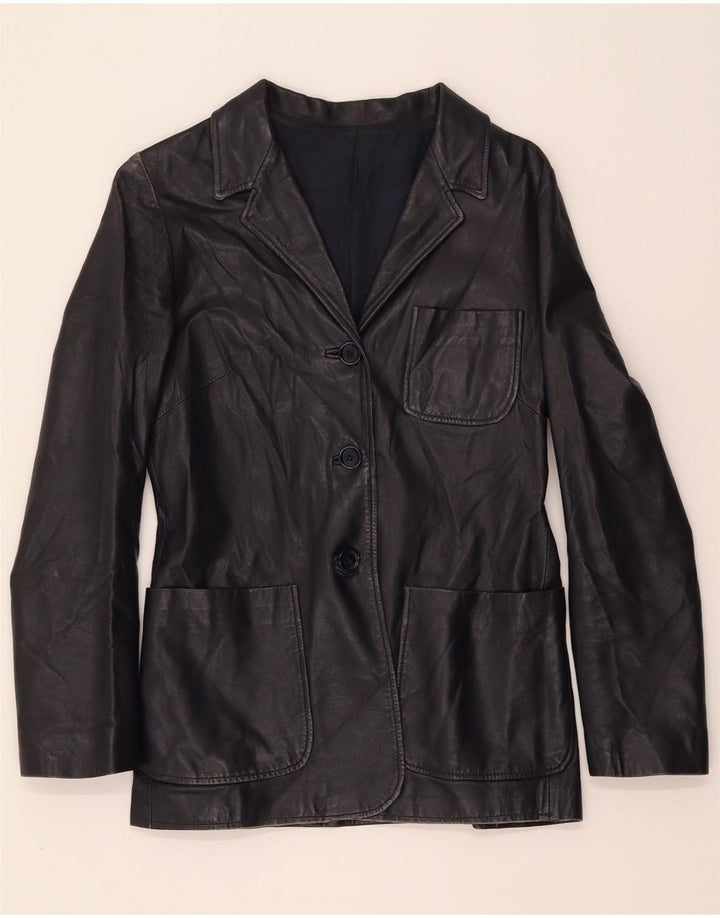 VINTAGE Womens 3 Button Blazer Jacket IT 42 Medium Navy Blue Leather Vintage Vintage and Second-Hand Vintage from Messina Hembry 