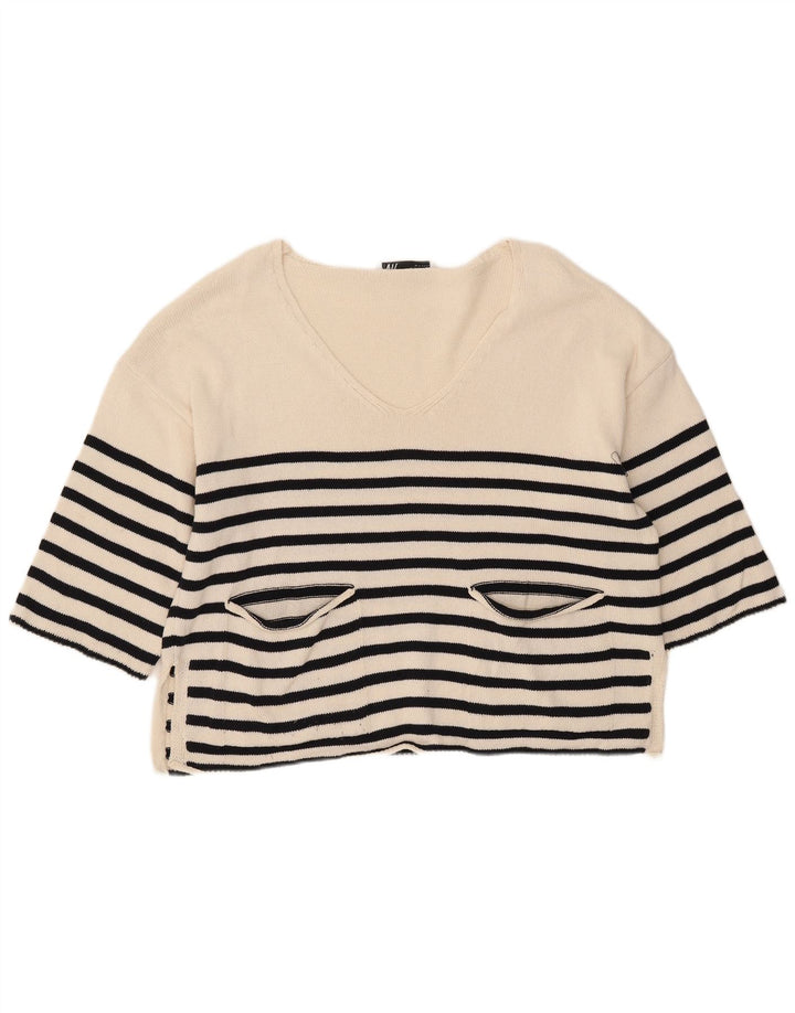 ZARA Womens Oversized V-Neck Jumper Sweater UK 10 Small White Striped