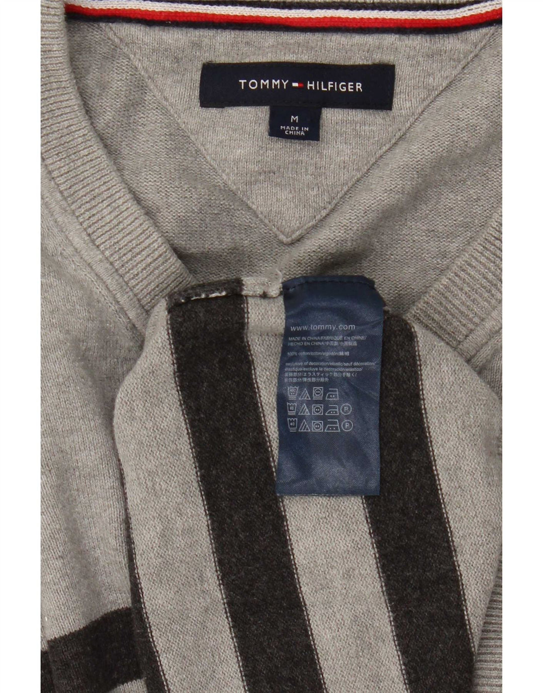Tommy Hilfiger Ανδρικό πουλόβερ με λαιμόκοψη με λαιμόκοψη, μεσαίο γκρι βαμβακερό ριγέ